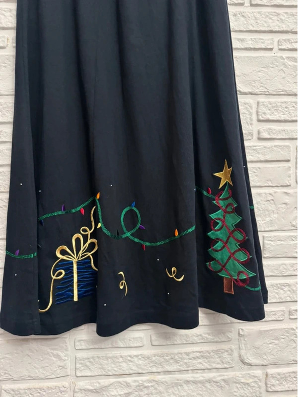 Bechamel Petites Vintage 90s Christmas Embroidered Black Cotton Maxi Skirt PL